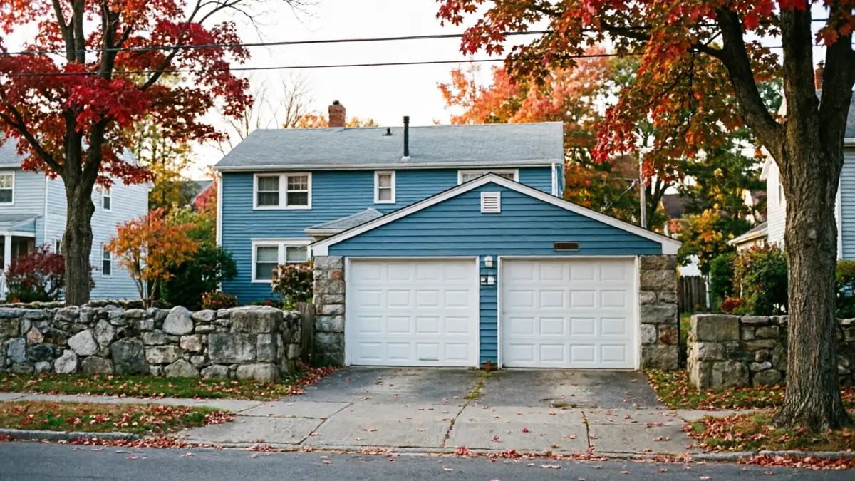 A blue house with two white garage doors and a stone wall.
