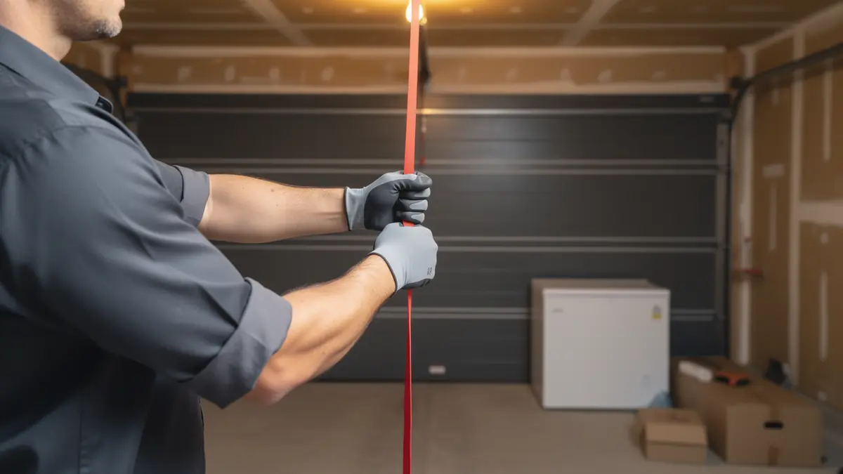A technician in gloves pulls a red emergency release cord in a garage.