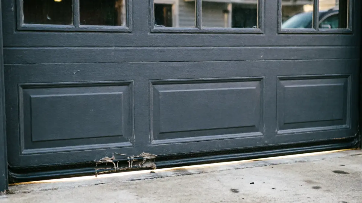 A dark gray garage door with windows has a damaged bottom seal.