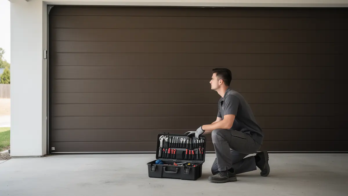 A technician kneels with an open toolbox in front of a brown garage door.
