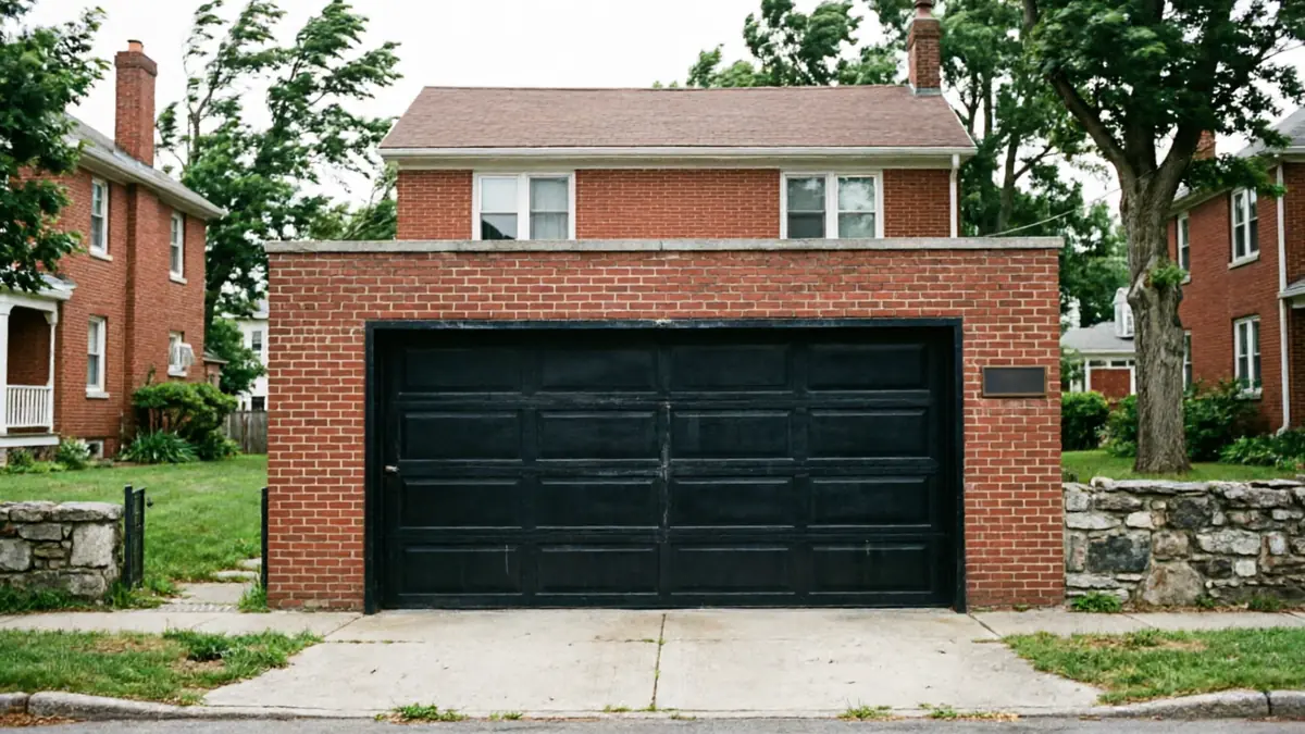 A black garage door is set into a brick garage with a house above it.