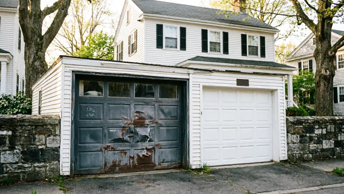 Two garage doors, one rusty and one white, are next to a white house.