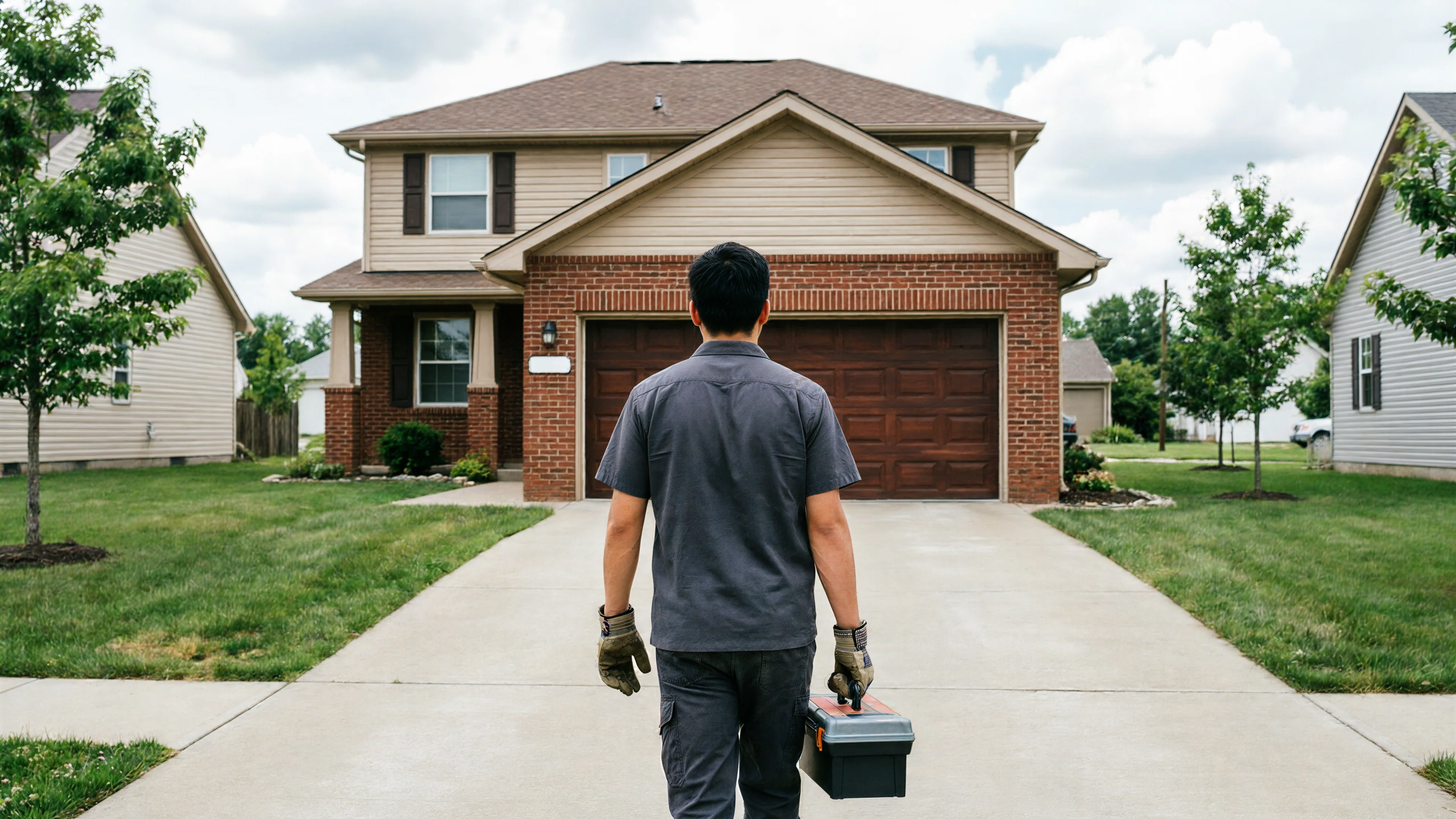 A technician walks toward a house with a brown garage door, carrying a toolbox.