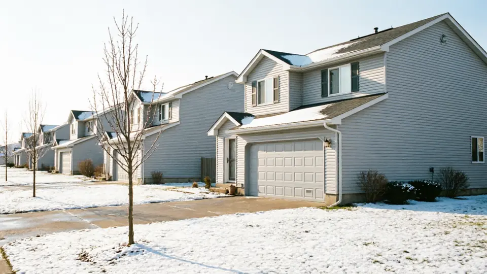 A row of houses with light gray siding and white garage doors in winter.