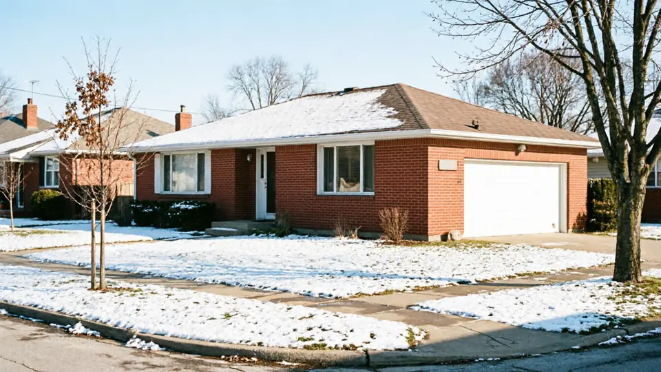 A brick house with a beige garage door and a brown roof.